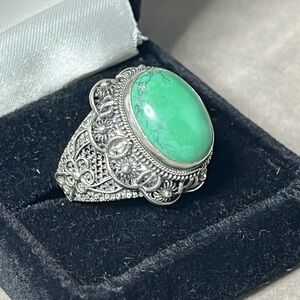 Vintage China Heavy Sterling Silver Green Turquoise Filigree Ring - Size 9